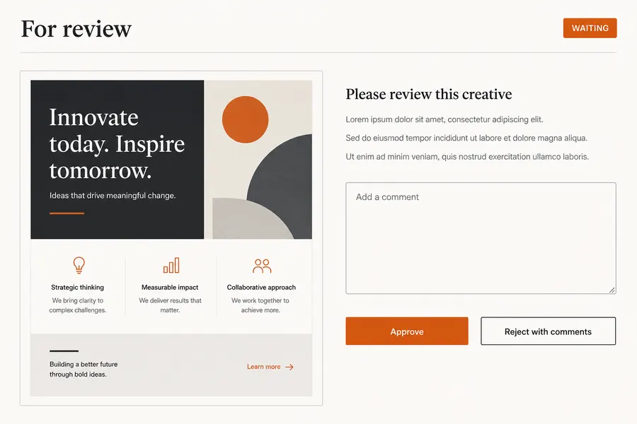 The Liftwork approval screen, with a piece of creative waiting on approve or reject with comments.