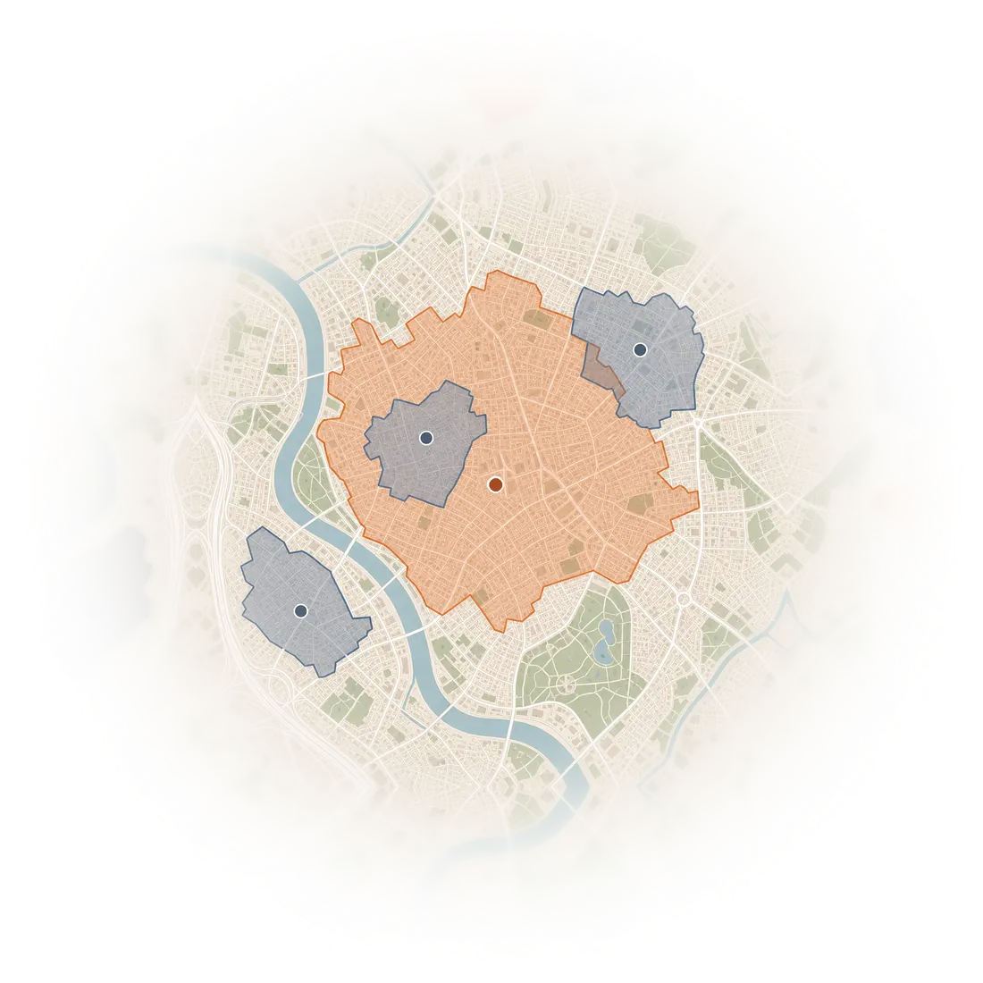 A map of a local market: the business marked with an orange dot inside its trade area, and three competitors nearby, each with a trade area of its own that overlaps it.