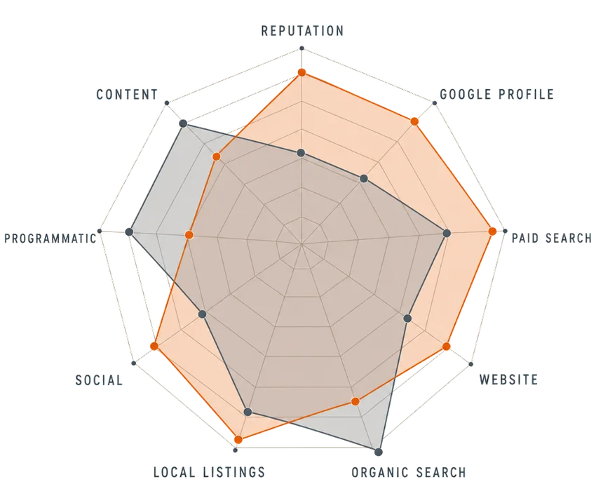 A nine-axis radar chart comparing you against a competitor across reputation, Google profile, paid search, website, organic search, local listings, social, programmatic, and content.