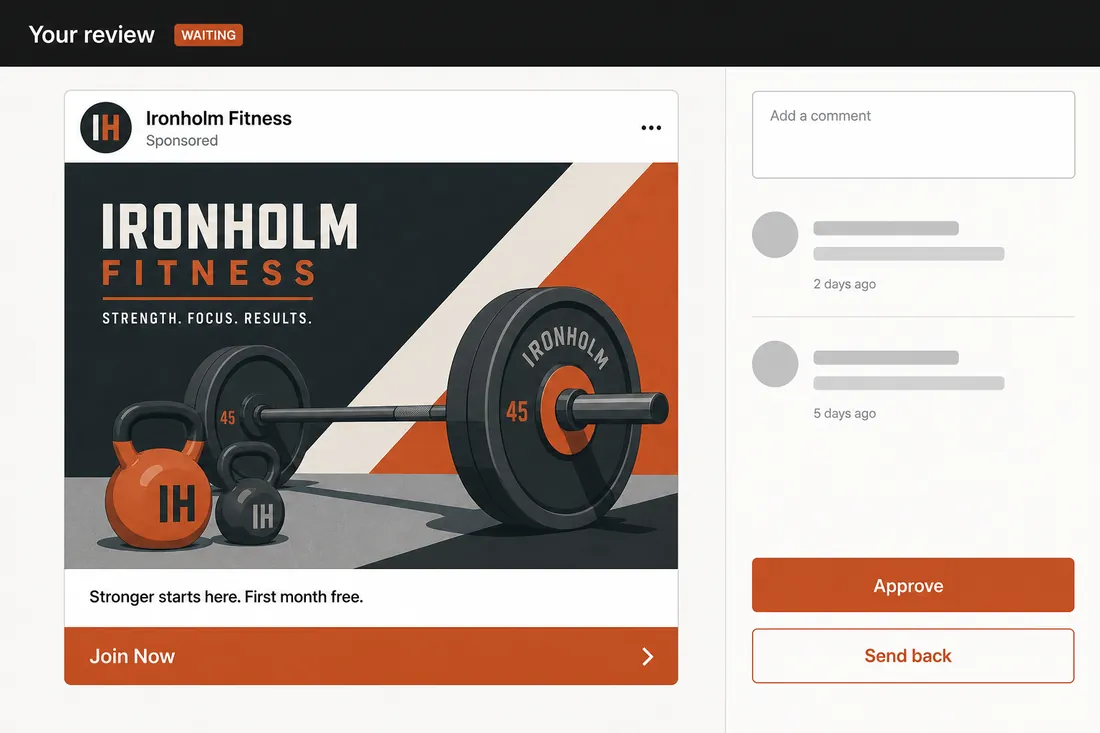 The review screen: a sample Instagram ad for a fictional gym on the left, comments on the right, and two choices, approve or send back.